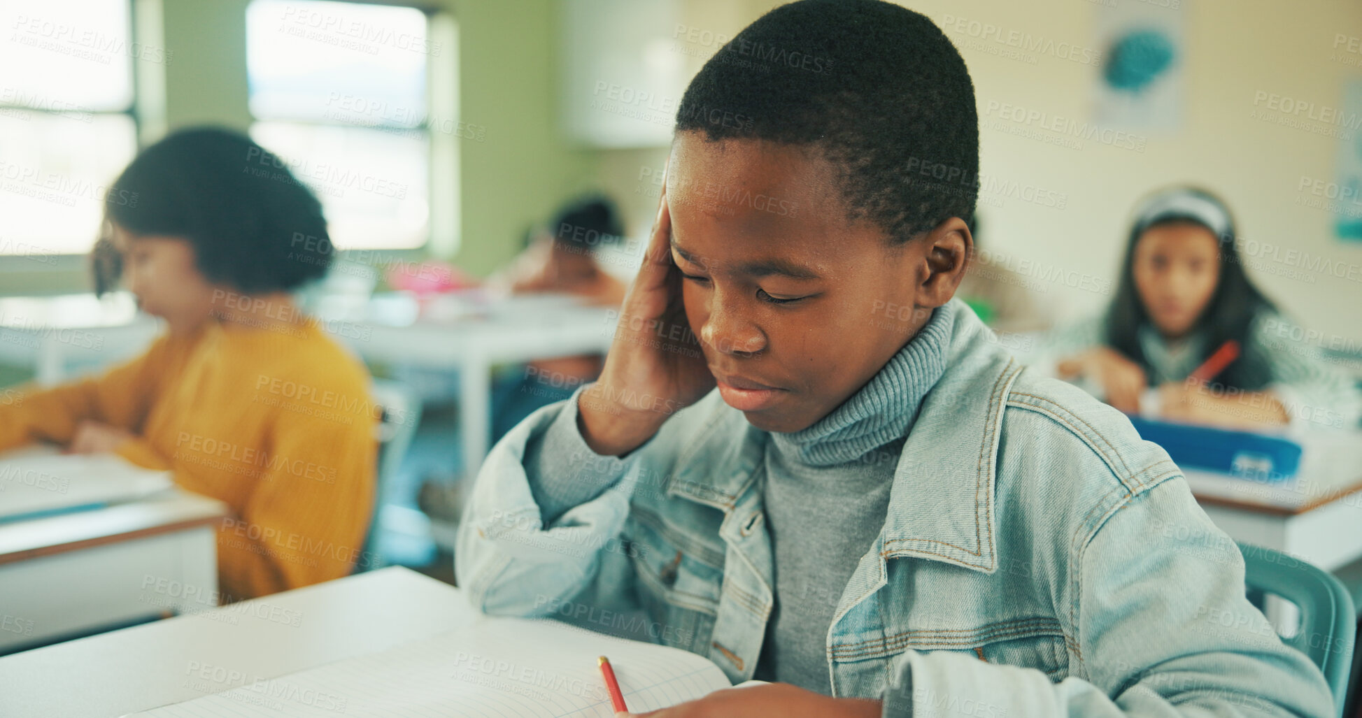Buy stock photo Thinking, education and quiz with boy in classroom for idea, child development and knowledge. Studying, assessment and academy with student on school campus for problem solving, learning and exam
