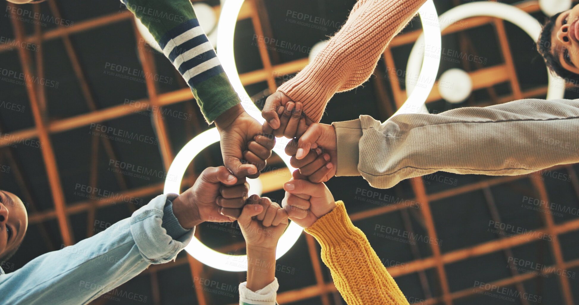Buy stock photo Fist bump, friends or students with celebration for teamwork, partnership or education support for learning. Scholarship goal, success or kids collaboration for knowledge development, study or below