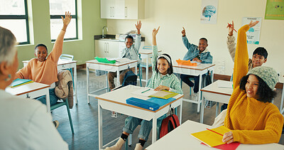 Buy stock photo Knowledge, students and woman in classroom, questions and conversation with child development. Discussion, educator or people with hands raised, learning or teaching with assessment, studying or help