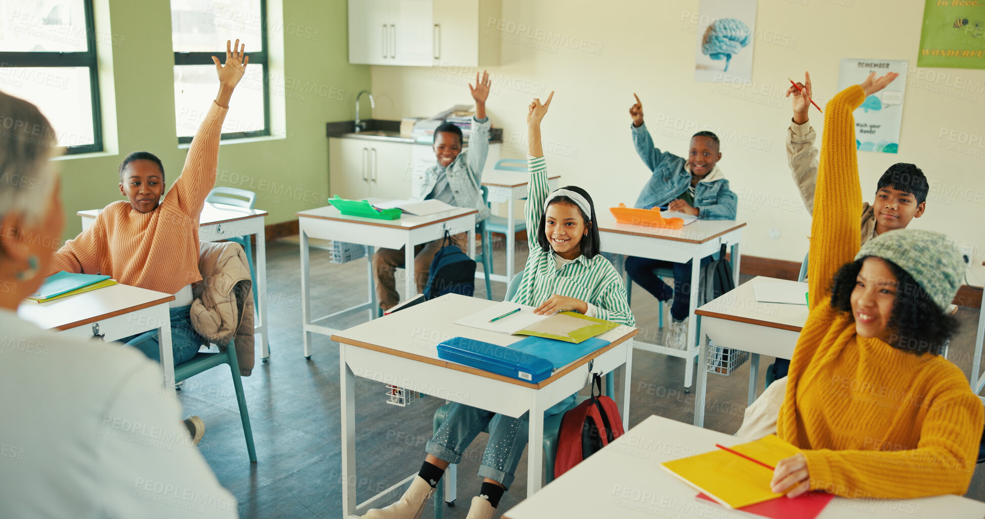 Buy stock photo Knowledge, students and woman in classroom, questions and conversation with child development. Discussion, educator or people with hands raised, learning or teaching with assessment, studying or help