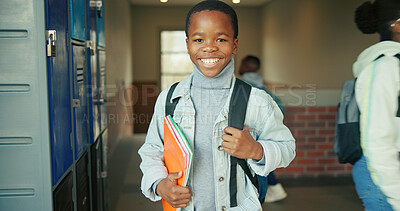 Buy stock photo Books, education and portrait of boy at lockers for future, child development and knowledge. Studying, growth and academy with student in school campus for learning, course curriculum and smile