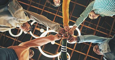 Buy stock photo Fist bump, students or kids with celebration for teamwork, partnership or education support for learning. Scholarship goal, success or friends collaboration for knowledge development, study or below