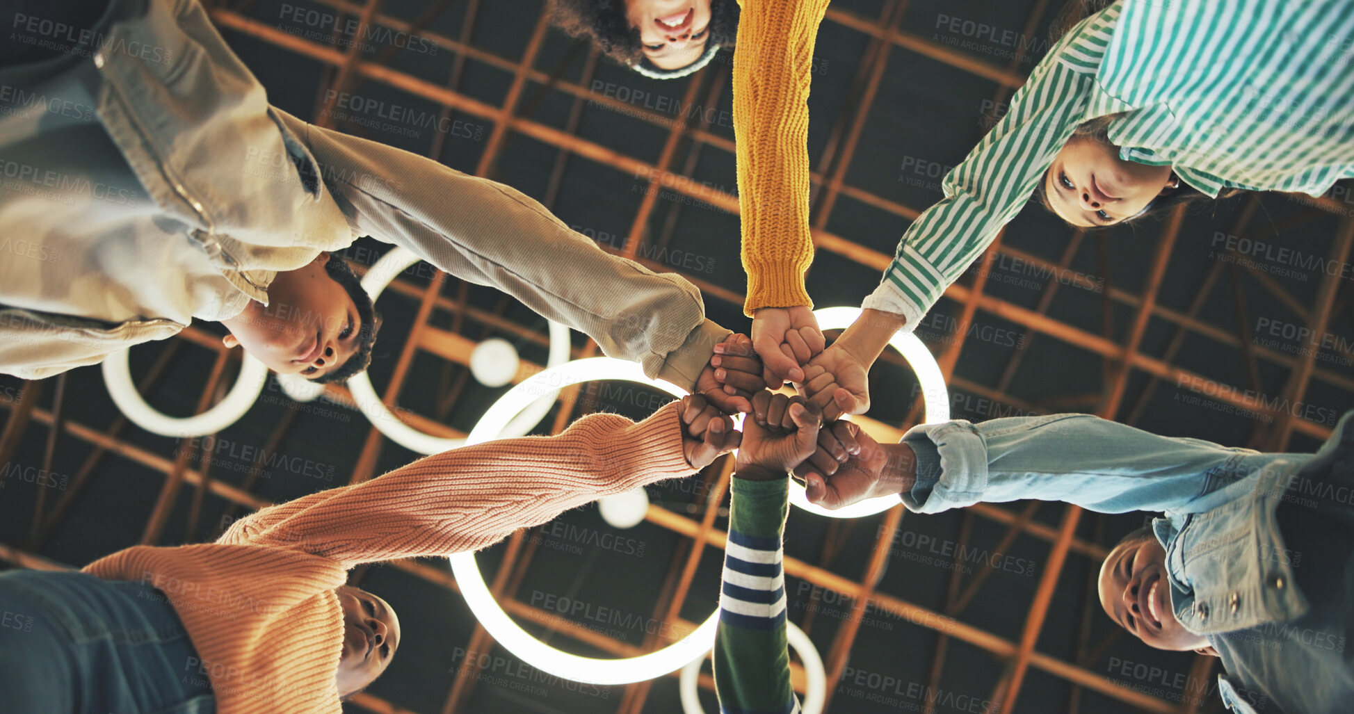 Buy stock photo Fist bump, students or kids with celebration for teamwork, partnership or education support for learning. Scholarship goal, success or friends collaboration for knowledge development, study or below