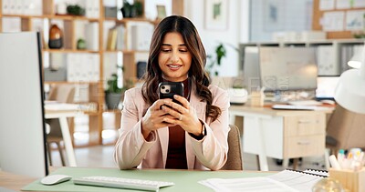 Buy stock photo Woman, typing or smile in office with phone for digital advertising, social media campaign or update. Person, browse or reading in workplace with tech for online marketing, mobile app post or review.