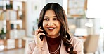 Media agency, phone call and woman in workplace, smile and online interview with communication. Person, questions and journalist in office, cellphone or funny with digital app, chatting or talking
