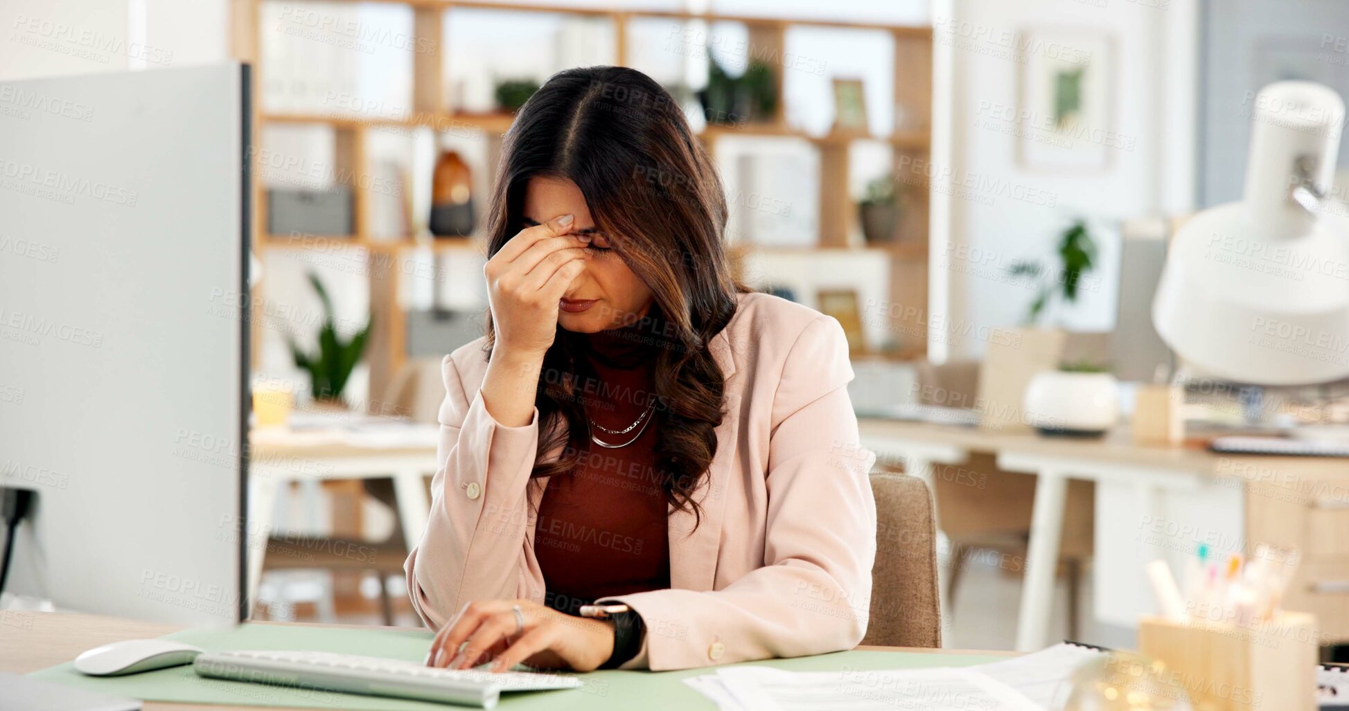 Buy stock photo Woman, headache and computer with eye strain, startup and fatigue with project management at office. Person, writer and migraine at pc with pain, stress and exhausted with burnout at creative agency