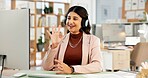 Wave, computer and business woman on video call for virtual meeting, discussion and networking. Office, contact and happy person with headphones for communication, online chat and talking to team