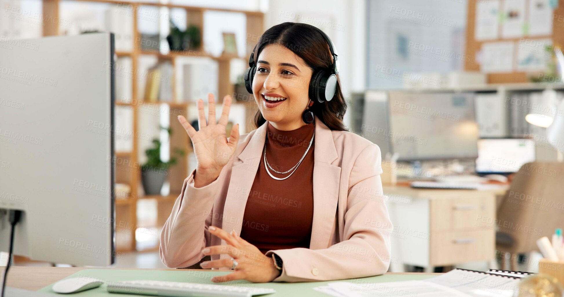 Buy stock photo Wave, computer and business woman on video call for virtual meeting, discussion and networking. Office, contact and happy person with headphones for communication, online chat and talking on pc