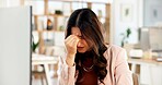 Woman, headache and pc with eye strain, startup and fatigue with project management in office. Person, writer and migraine at computer with pain, stress or exhausted with burnout at creative agency