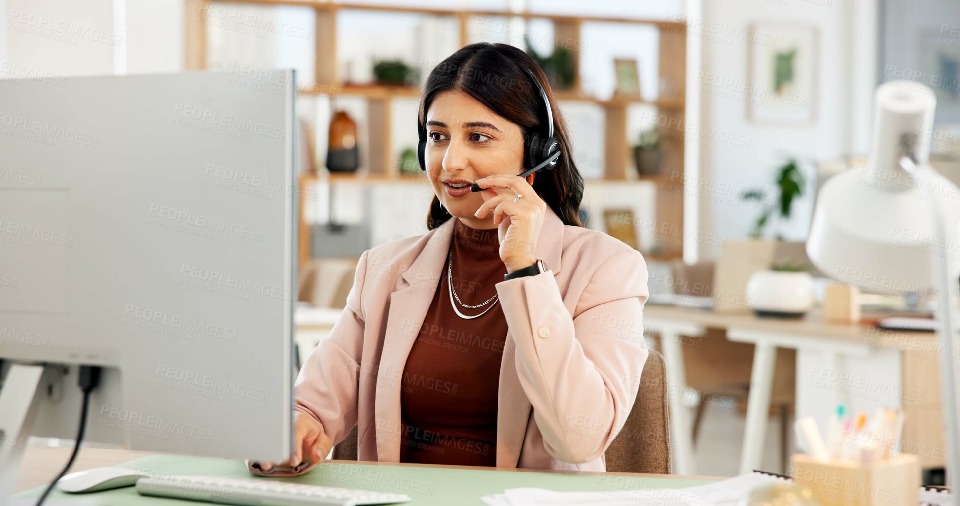 Buy stock photo Call center, computer and businesswoman in office with communication, contact us or help desk. Mic, talking and female customer service consultant with technical support consultation in workplace.