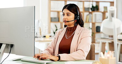 Buy stock photo Call center, computer and businesswoman in office with typing for communication, contact us or help desk. Mic, talking and customer service consultant with technical support consultation in workplace