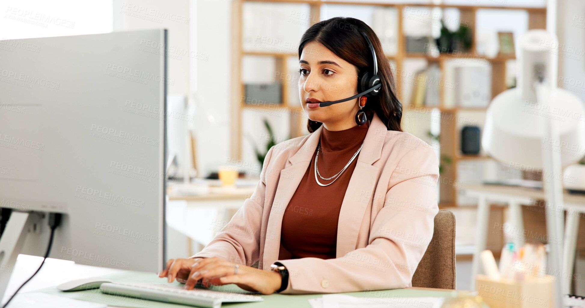 Buy stock photo Call center, computer and businesswoman in office with typing for communication, contact us or help desk. Mic, talking and customer service consultant with technical support consultation in workplace
