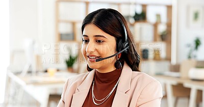 Buy stock photo Call center, computer and businesswoman in office with help desk, contact us or communication. Mic, talking and female customer service consultant with technical support consultation in workplace.