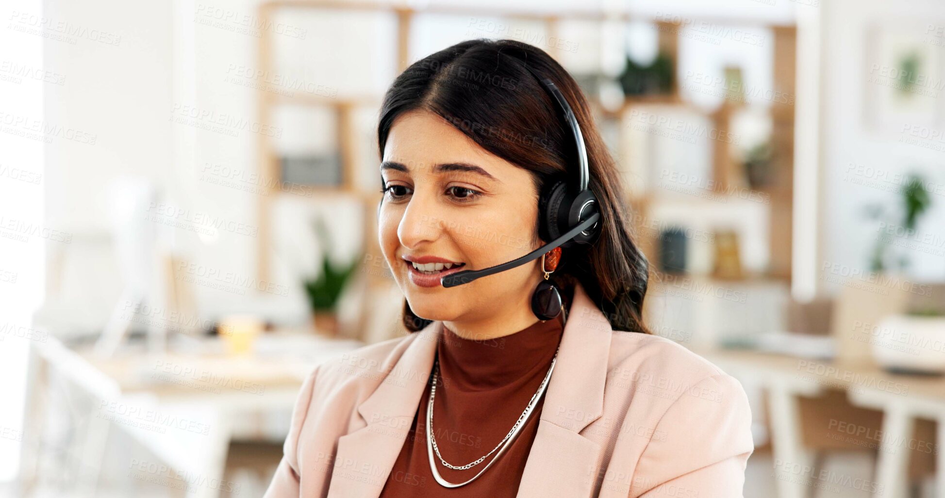 Buy stock photo Call center, computer and businesswoman in office with help desk, contact us or communication. Mic, talking and female customer service consultant with technical support consultation in workplace.
