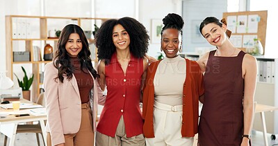 Buy stock photo Media agency, portrait and women in office, smile and teamwork with diversity, pride and support. Reporters, employees and journalist with happiness, cooperation and about us with creative project