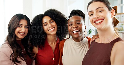 Buy stock photo Media agency, selfie and women in office, smile and profile picture with about us. Portrait, people and journalist in workplace, creative project and photography with diversity, happiness and POV