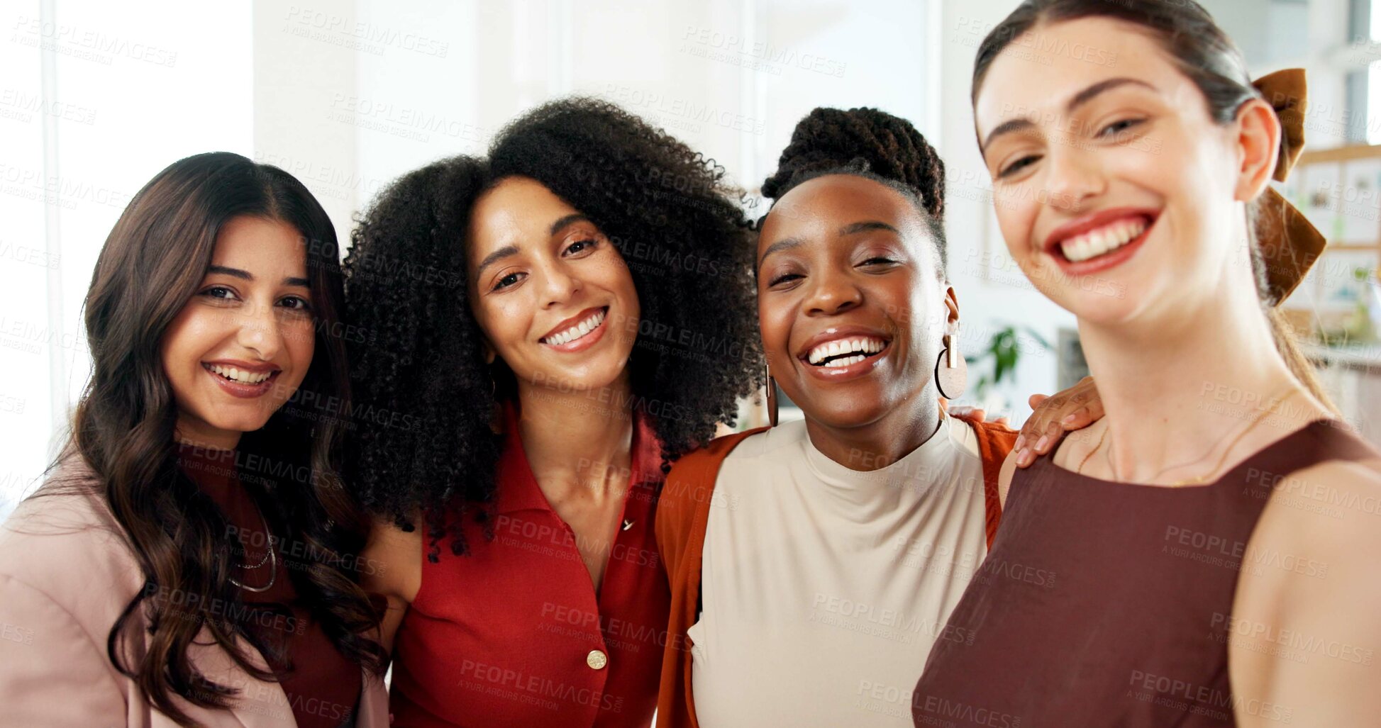 Buy stock photo Media agency, selfie and women in office, smile and profile picture with about us. Portrait, people and journalist in workplace, creative project and photography with diversity, happiness and POV