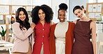 Media agency, portrait and women in office, happiness and collaboration with diversity, pride and support. Reporters, employees and journalist with creative project, happy or about us with confidence