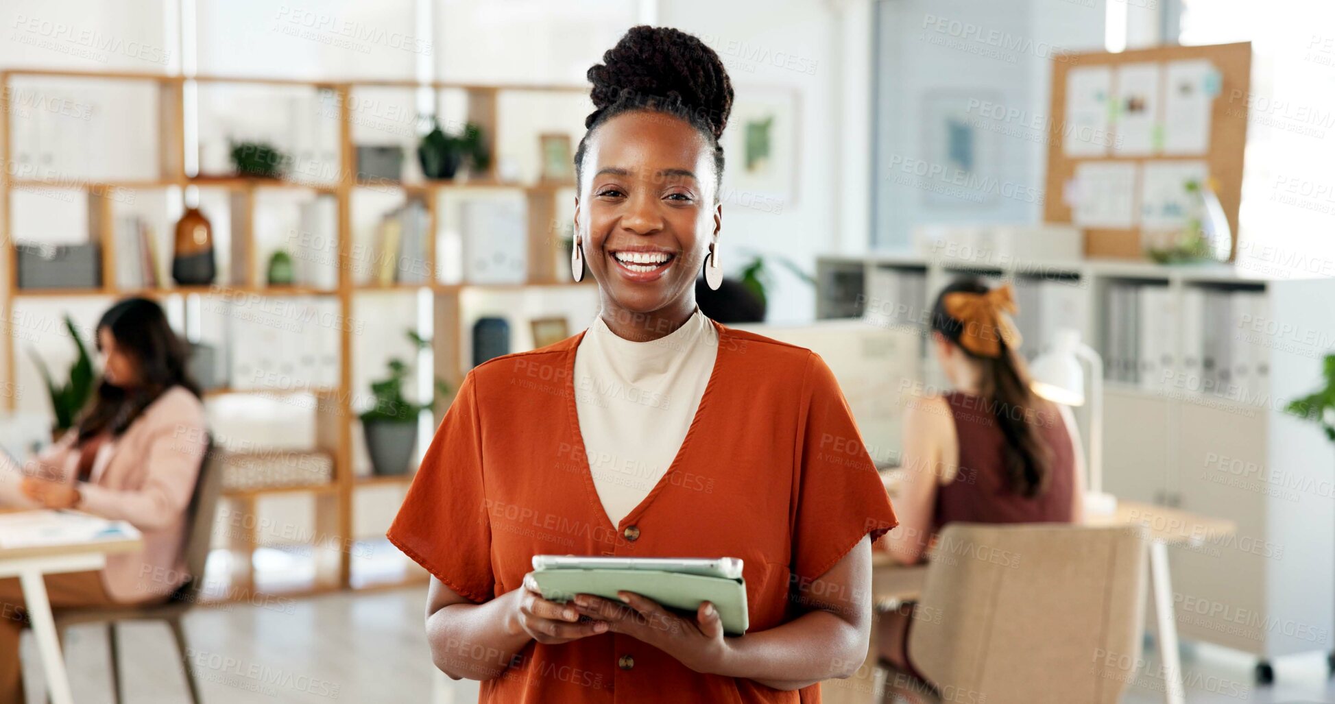 Buy stock photo Business woman, tablet and portrait in office for creative agency, editing or manuscript. Coworking, employee or editor in workplace with internet, tech and email for proofreading or grammar on app