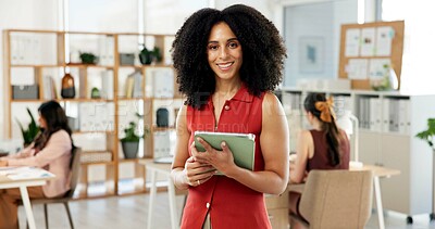 Buy stock photo Portrait, woman and smile in office with tablet for digital advertising career, research and planning. Happy, female person and coworking with tech for online marketing, job satisfaction or about us.