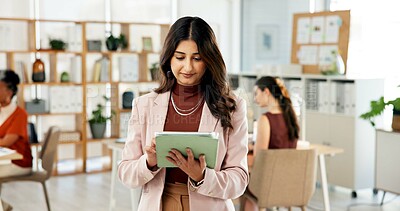 Buy stock photo Woman, scroll or research in office with tablet for digital advertising proposal, idea or planning. Person, browsing and coworking with tech for online marketing campaign, email and brand management.