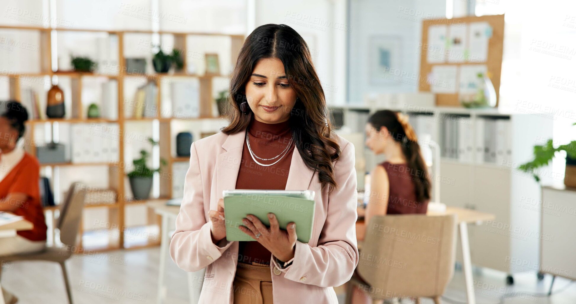 Buy stock photo Woman, scroll or research in office with tablet for digital advertising proposal, idea or planning. Person, browsing and coworking with tech for online marketing campaign, email and brand management.