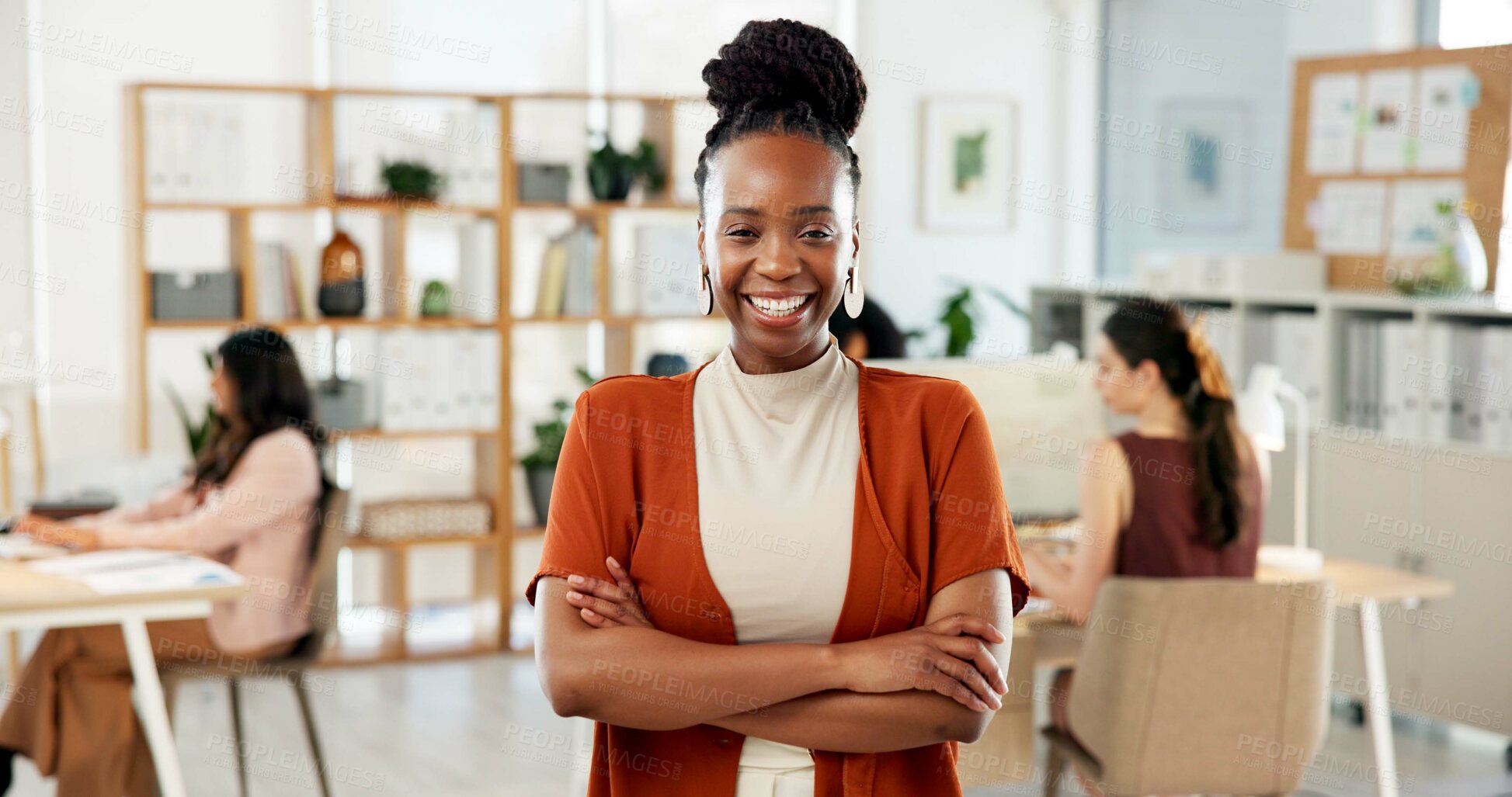 Buy stock photo Creative agency, portrait and woman with arms crossed, smile and copywriting with project management. Person, confidence and journalist with humor, publishing startup and magazine editor with pride