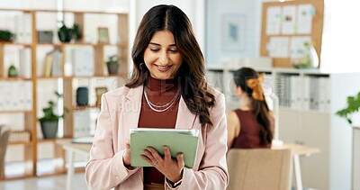 Buy stock photo Woman, smile and scroll in office with tablet for digital advertising proposal, idea and planning. Person, browsing and coworking with tech for online marketing campaign, email and brand management.