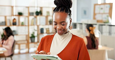 Buy stock photo Happy, woman and scroll in office with tablet for digital advertising proposal, idea and planning. Person, browsing and coworking with tech for online marketing campaign, email and brand management.