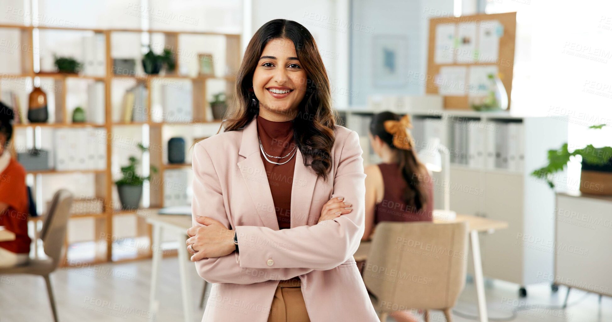 Buy stock photo Media agency, portrait and woman with arms crossed, happiness and pride with project management. Person, confidence and journalist with smile, publishing startup and magazine editor with creativity