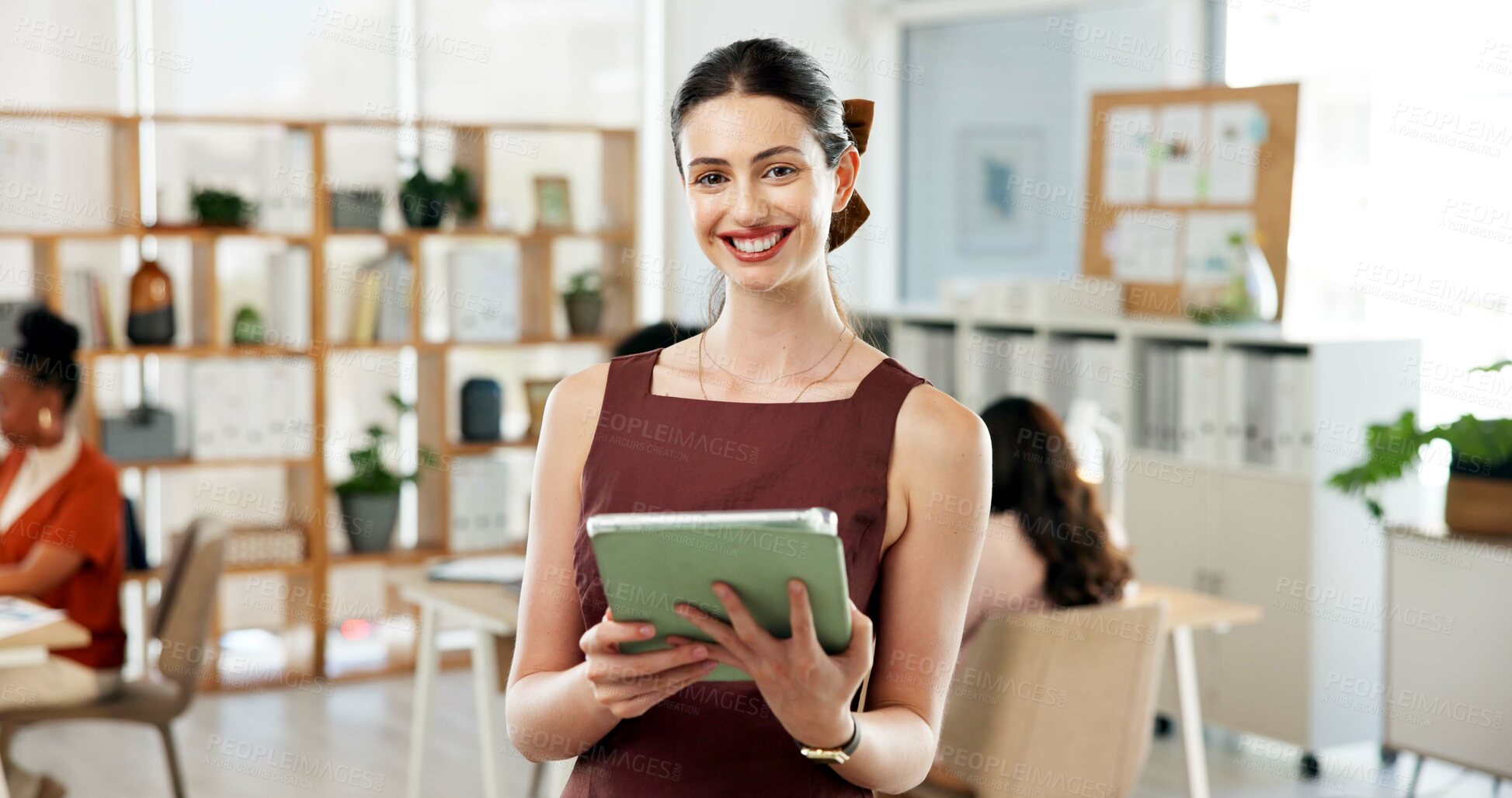 Buy stock photo Business woman, tablet and portrait for creative agency, editing or manuscript. Coworking, employee or editor in workplace with internet, tech and email for proofreading or grammar on app in office