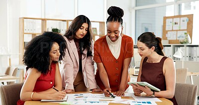 Buy stock photo Business women, documents and meeting in office for creative agency, editing and tablet. Coworking, employees and editor in workplace with feedback, tech and graphs for discussion or app engagement