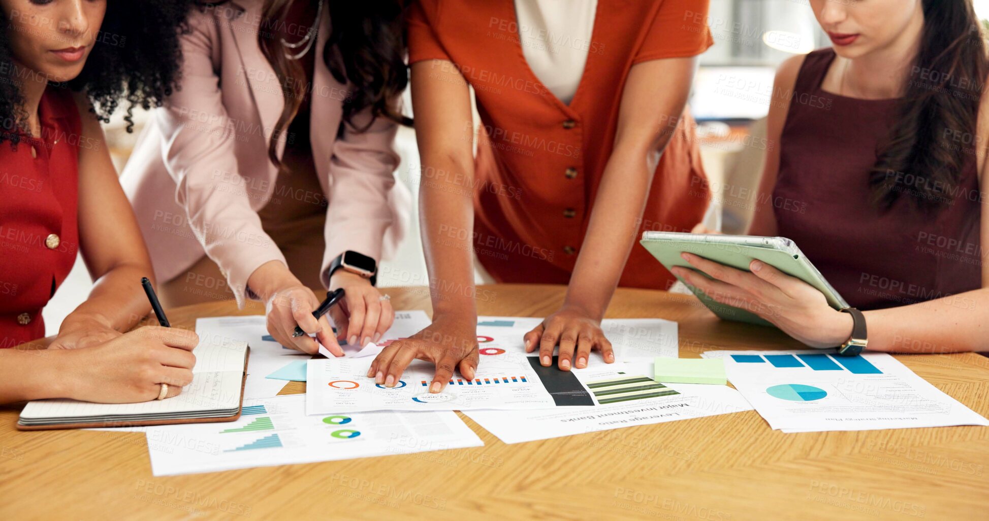 Buy stock photo Creative, team or hands with data in office for campaign oversight, market trends or website traffic. Marketing group, women and graph paperwork in meeting for KPI performance and competitor analysis