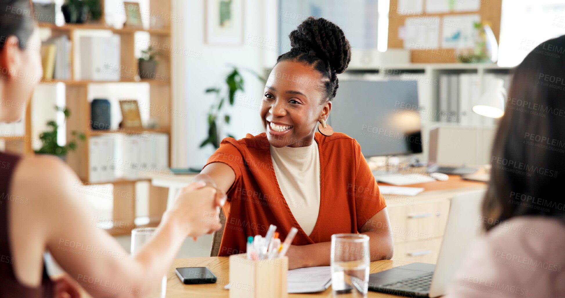 Buy stock photo Office, shaking hands and business women with smile for promotion, workshop and celebration for feedback. Teamwork, designers and support with partnership for handshake, meeting and negotiation