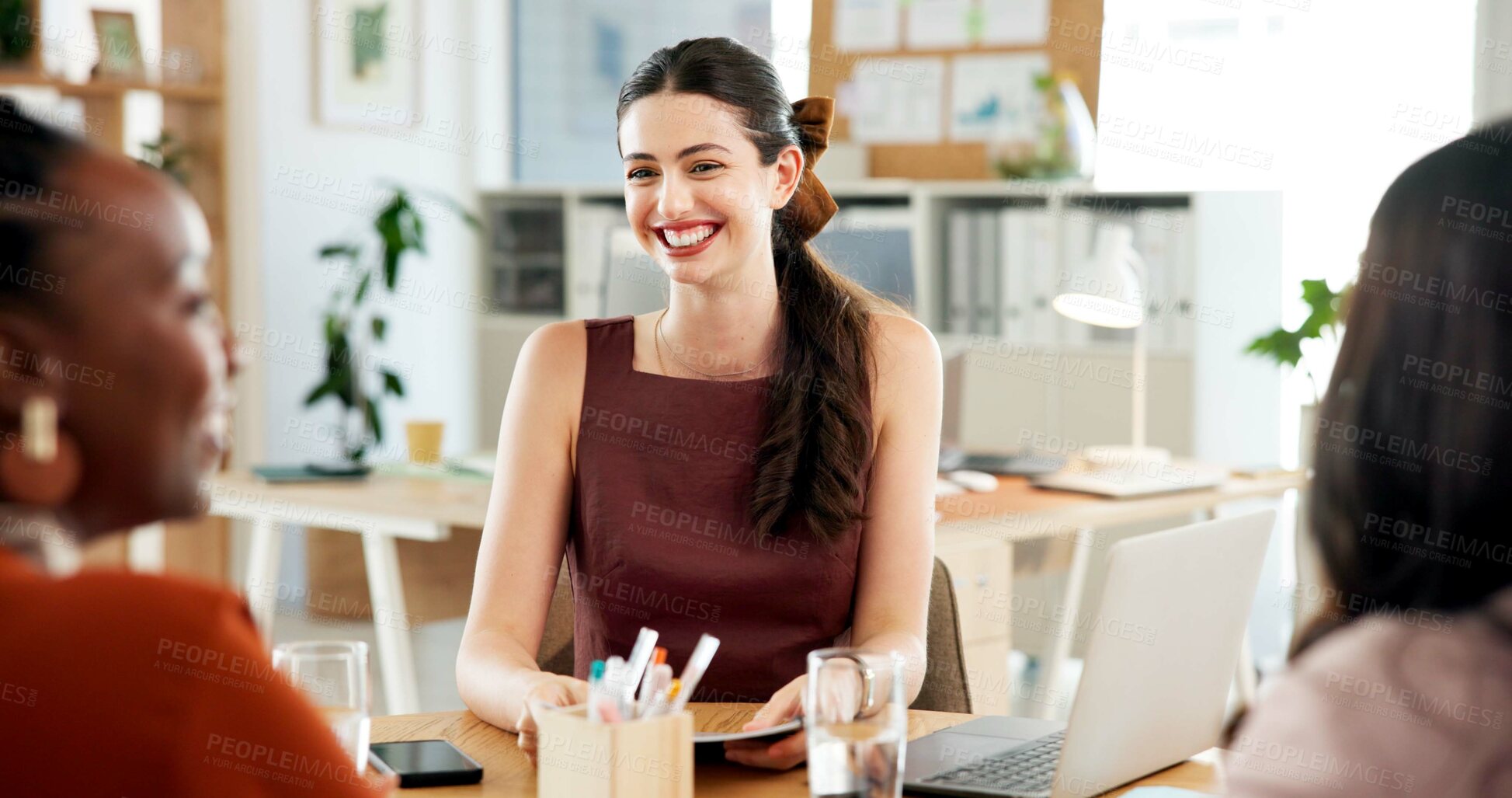 Buy stock photo Meeting, happy and business women in office for job interview, recruitment or hiring opportunity. Professional, corporate career and female hr managers with candidate for discussion in workplace.