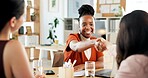 Office, shaking hands and business women with support for promotion, workshop and celebration for feedback. Teamwork, designers and smile with partnership for handshake, meeting and negotiation