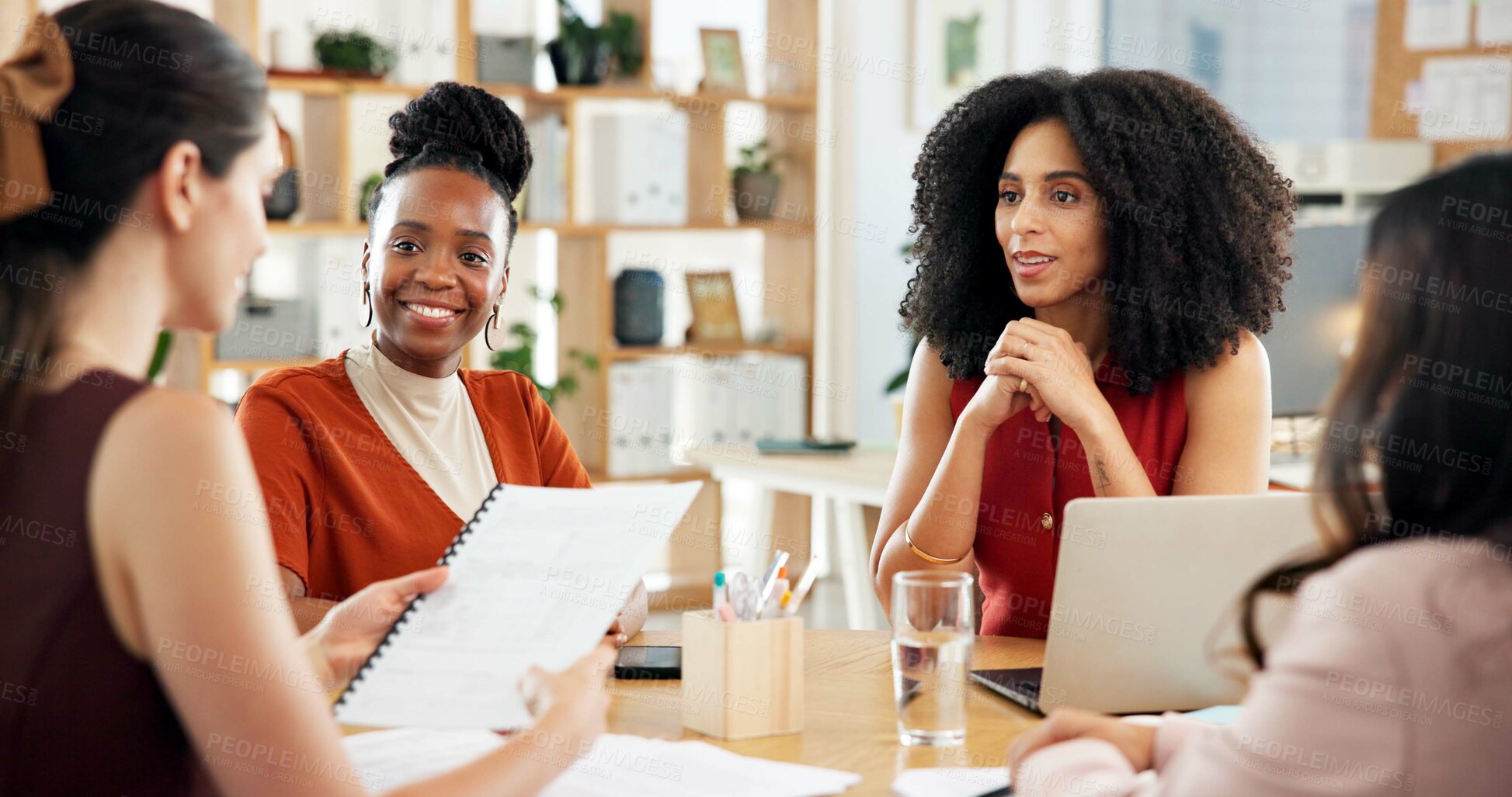 Buy stock photo Woman, team and planning at startup, documents or smile for brainstorming at media company. People, group and talk in office with report, review or feedback for project management at creative agency