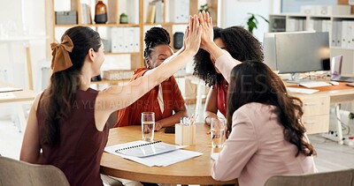 Buy stock photo Women, team and high five with success at startup, office meeting or celebration for goal at media company. People, group and happy for motivation, staff or support for achievement at creative agency
