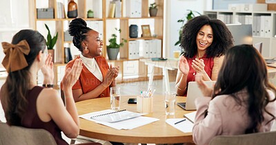 Buy stock photo Women, team and applause for celebration at startup, office meeting or excited for goal at media company. People, group and happy for clapping, success or support with achievement at creative agency