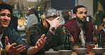 Disappointed, men and watching game in pub, unhappy and thinking of team failure, audience and upset. Frustrated, fans and people with alcohol in bar, sad and live stream of world cup or tournament