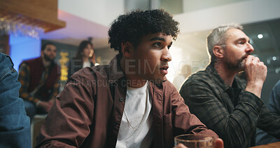 Buy stock photo Sport, watching and people in home with wait, anticipation or worry in soccer tournament. Nervous, match and football fans in house with drink, score announcement and joint anxiety in viewing party.