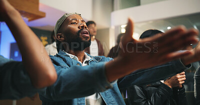 Buy stock photo Sports, watching and man in pub disappointed for loss, upset for score and live streaming game. Unhappy, friends and people for team support, broadcast and match for social gathering in restaurant