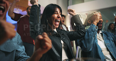 Buy stock photo Happy woman, winning and watching tv with fist pump for success, sport victory or support in pub. Excited, female person or group of fans with celebration for score or online entertainment in bar