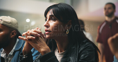 Buy stock photo Sports, watching and woman in pub with suspense for score, waiting for goal and live streaming game. Bar, anxiety and people for team support, broadcast and match for social gathering in restaurant