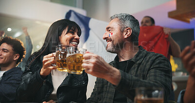 Buy stock photo Event, couple and cheers with beer at pub for world cup win, football match celebration or bonding. Happy hour, relationship and mature people with drinks toast for France game success and night out