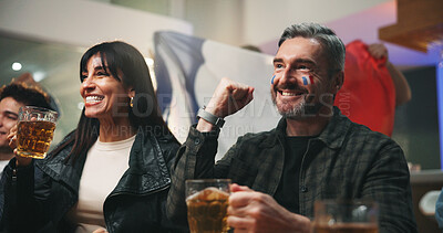 Buy stock photo Man, beer and watching tv with celebration at sports bar, football or competition with France flag. Mature people, group and fist pump with soccer game, live stream or broadcast with drinks at pub