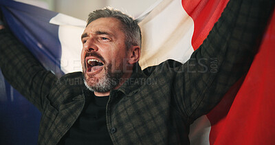 Buy stock photo Fan, winner and screaming with man and french flag for sports celebration, team support or event. Achievement, goal and pride with mature person for competition champion, victory or success in France