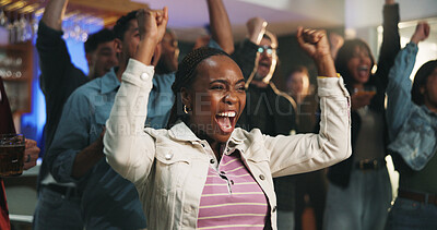 Buy stock photo Victory, watching and people in house with fist pump, goal or celebration in soccer tournament. Support, sport and football fans in home with game success, score lead or  excitement in viewing party