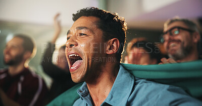 Buy stock photo Sports, cheering and men in pub with flag for score, goal or live streaming game for world cup. Bar, excited and friends celebrate for winning team, broadcast or match for entertainment in restaurant