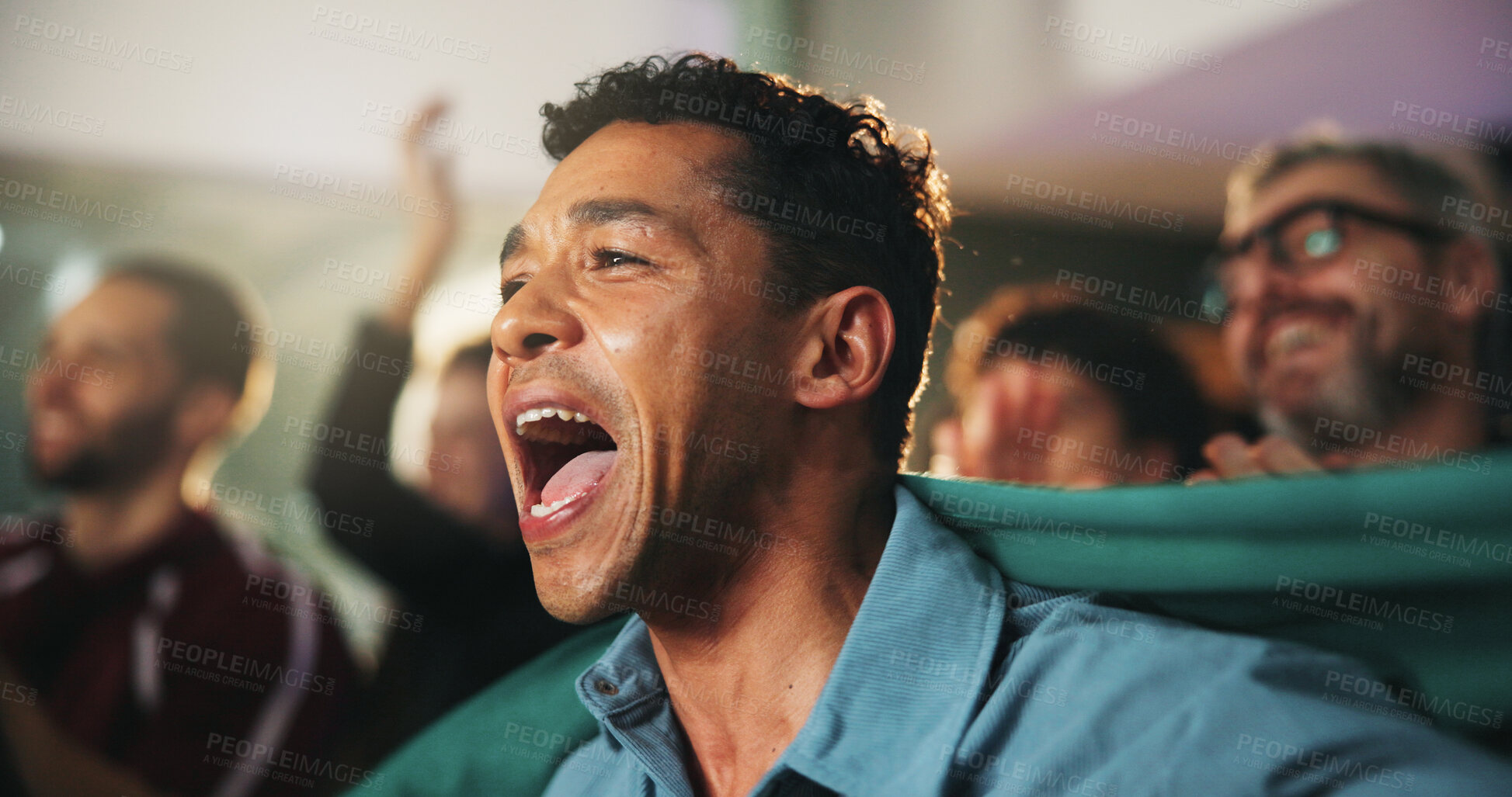 Buy stock photo Sports, cheering and men in pub with flag for score, goal or live streaming game for world cup. Bar, excited and friends celebrate for winning team, broadcast or match for entertainment in restaurant